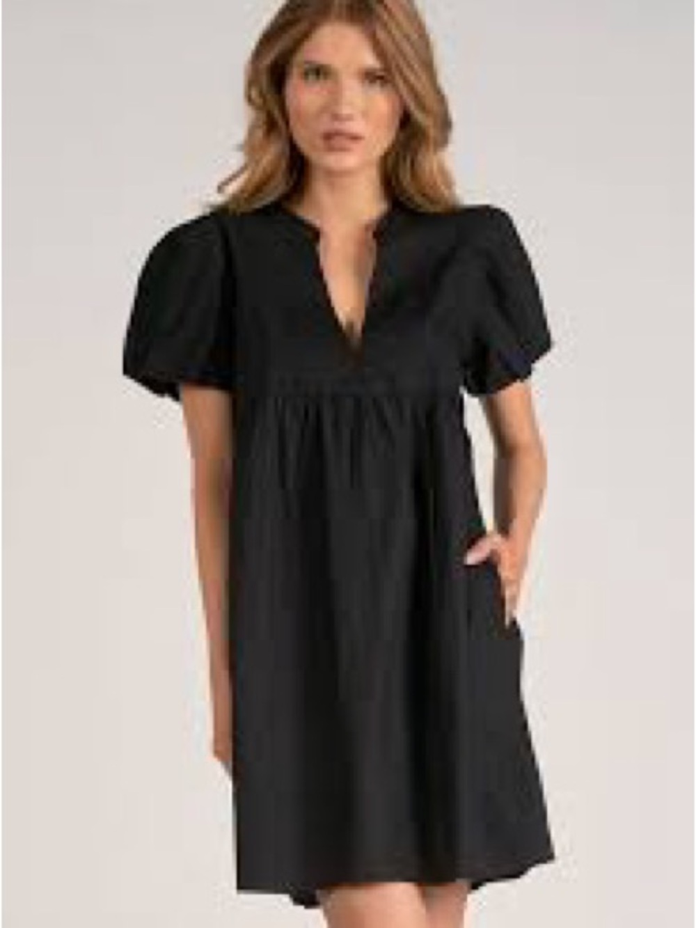 Elan Black Cotton Puff Sleeve Mini Dress V-Neck Large NWT
